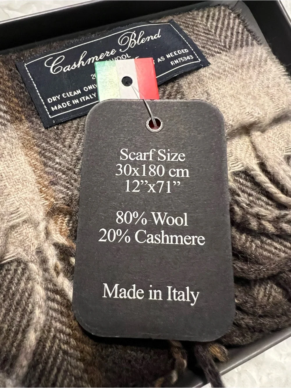 Linea Emmeti Cashmere Wool Blend Scarf Brown Men’s 12” X 71” Made in Italy